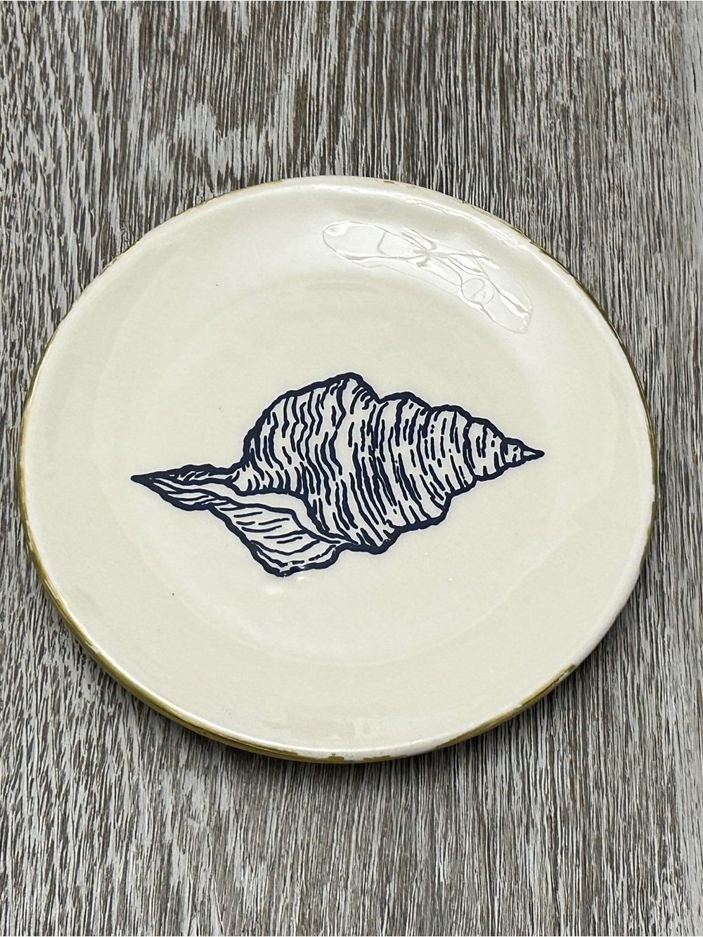 White Vintage Dish Butter Trinket etc Blue Sea Shell Gold Tone Trim Coastal
